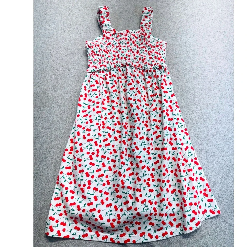 Old Navy Girls Cherry Print Smocked Sundress White Red Sleeveless Size Medium 8